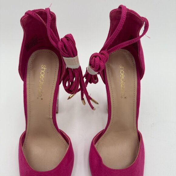 ShoeDazzle Kaia Heels Size 6 Hot Pink Suede Lace Up Clear Block Ombre Heels - Picture 2 of 9